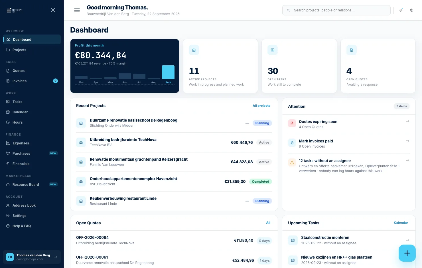 Ordops desktop dashboard showing this month's profit, active projects, open quotes and recent project progress